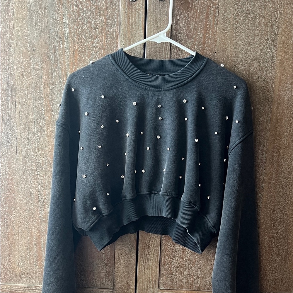 Zara Black Embellished Cropped Sweatshirt